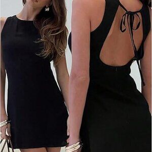 Crean Girl Black Tie-Strap Mini Dress Open Back Party Minimalist Dress